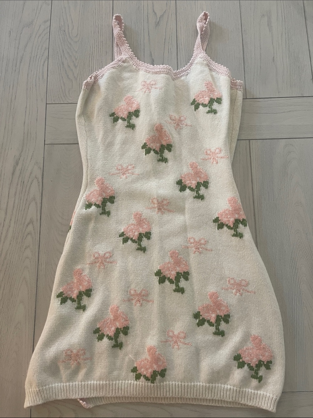LoveShackFancy White Knit Dress with Pink Floral Bows - Picture 5 of 10